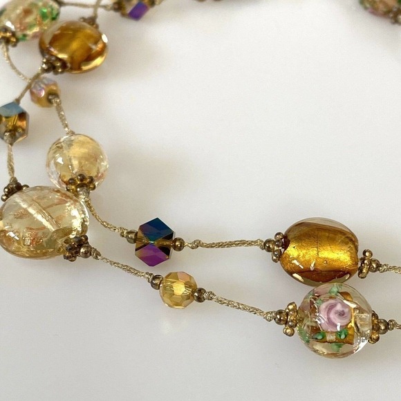 Necklace Amber Floral Lampwork Glass Beaded Necklace Pretty Bohemian Chic 30” - Picture 6 of 12